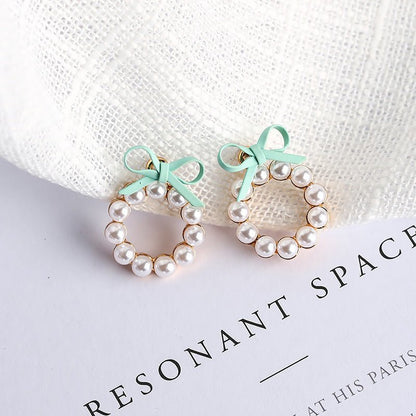 Geometric Pearl Stud Earrings Chic Cute Girl Bow Round Drop Earrings-Jewearrings