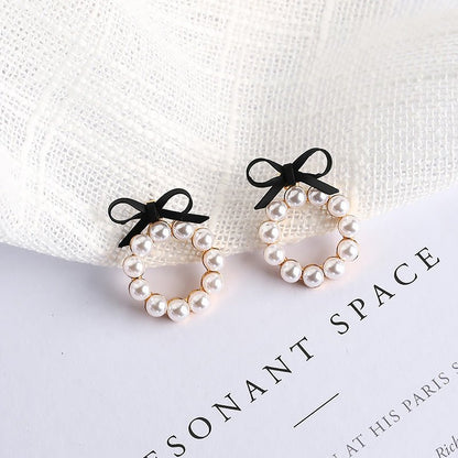 Geometric Pearl Stud Earrings Chic Cute Girl Bow Round Drop Earrings-Jewearrings