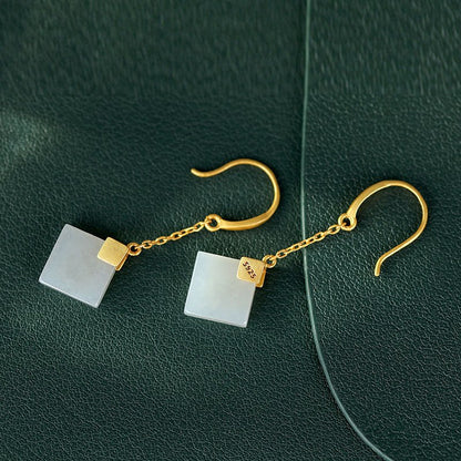 Geometric Sterling Silver Plating White Jade Stone Square Long Earrings-Jewearrings