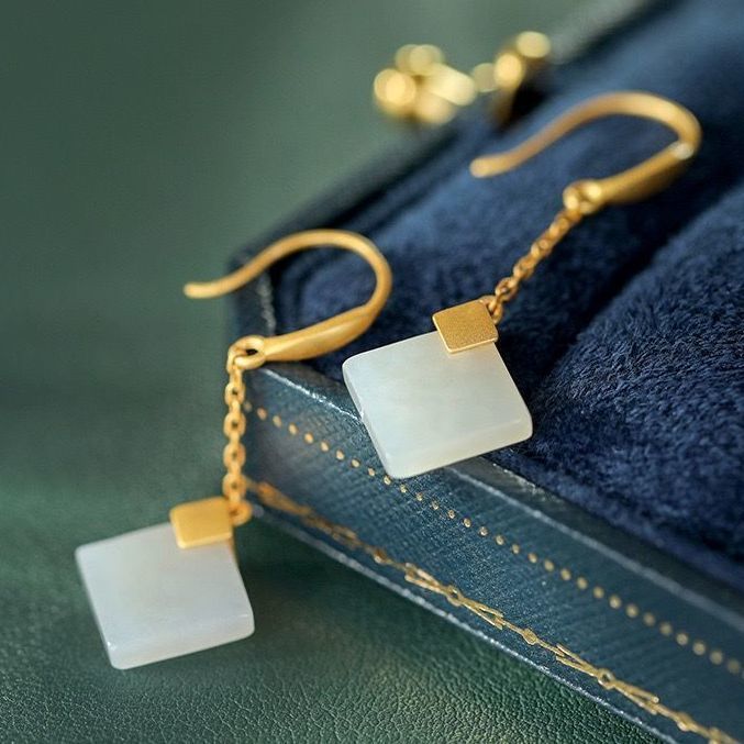 Geometric Sterling Silver Plating White Jade Stone Square Long Earrings-Jewearrings