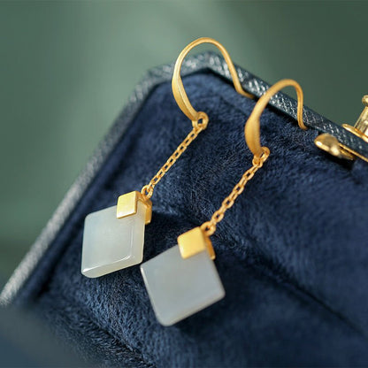 Geometric Sterling Silver Plating White Jade Stone Square Long Earrings-Jewearrings