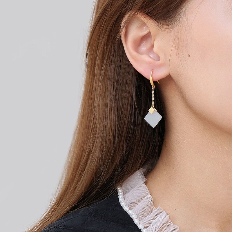 Geometric Sterling Silver Plating White Jade Stone Square Long Earrings-Jewearrings