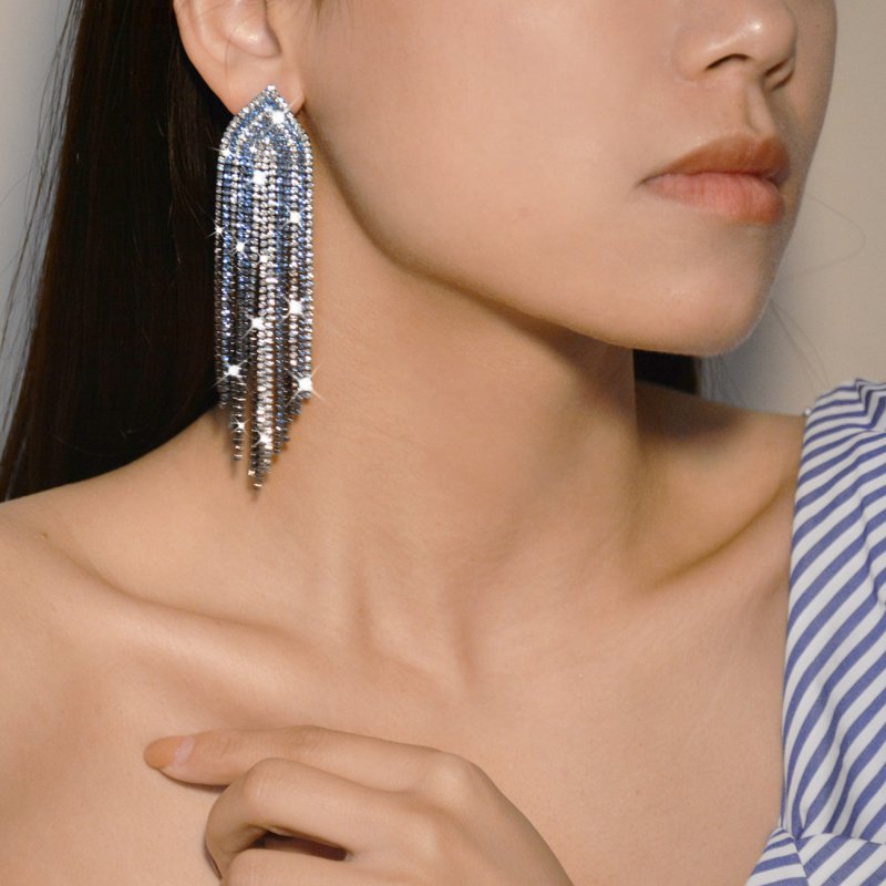 Geometric Two-tone Diamond-studded Tassel Earrings Exaggeration-Jewearrings