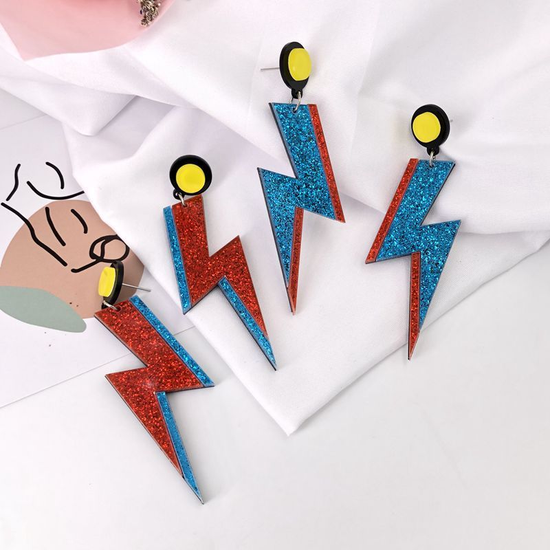 Glitter Acrylic Stitching Lightning Big Stud Earrings-Jewearrings