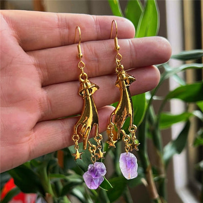 Gold And Silver Hand Pendant Earrings Amethyst Lotus Pendant-Jewearrings