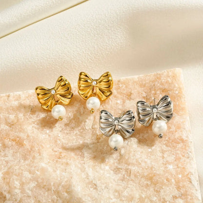 Gold Bow Earrings | Classic & Elegant Pearl Design-Jewearrings