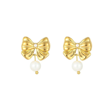 Gold Bow Earrings | Classic & Elegant Pearl Design-Jewearrings