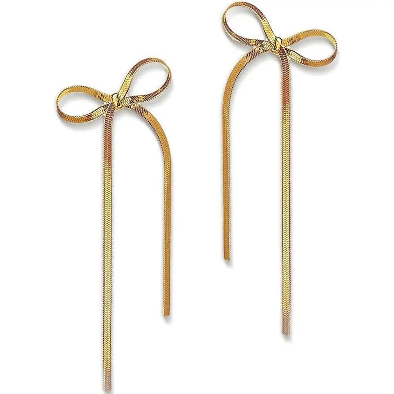 Gold Bow Earrings for Women - Elegant Long Tassel Design-Jewearrings