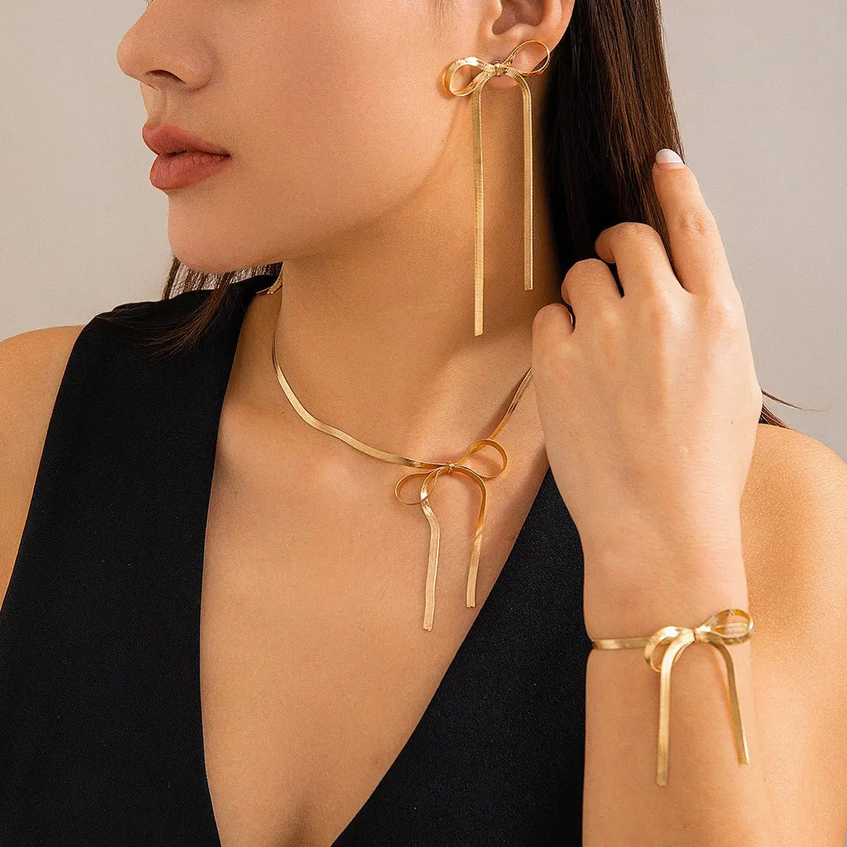 Gold Bow Earrings Necklace Bracelet Set-Jewearrings