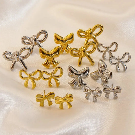 Gold Bow Earrings Set - Stainless Steel 14K Gold Plated-Jewearrings