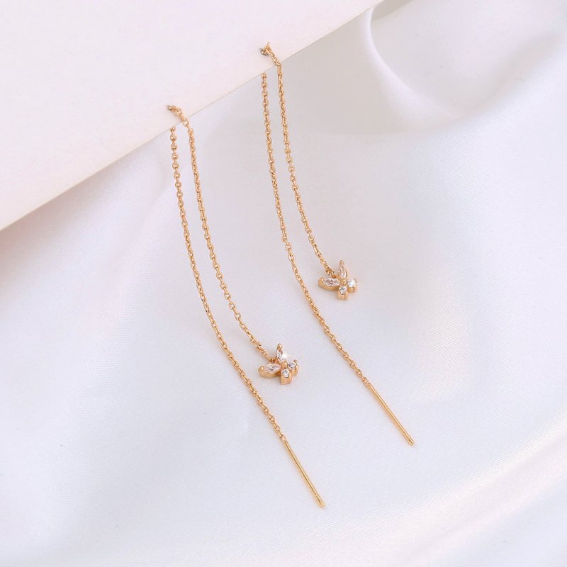 Gold Bronze Butterfly Zircon Tassel Pendant Earrings-Jewearrings