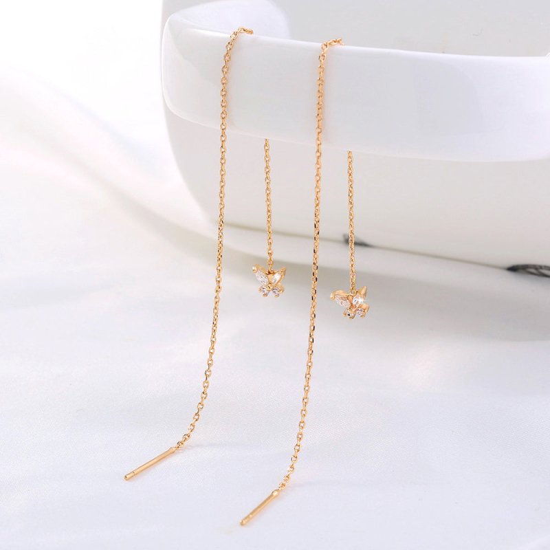 Gold Bronze Butterfly Zircon Tassel Pendant Earrings-Jewearrings