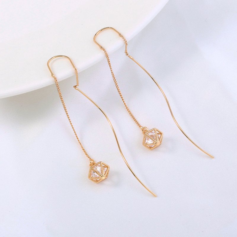 Gold Bronze Cutout Zircon Tassel Earrings-Jewearrings