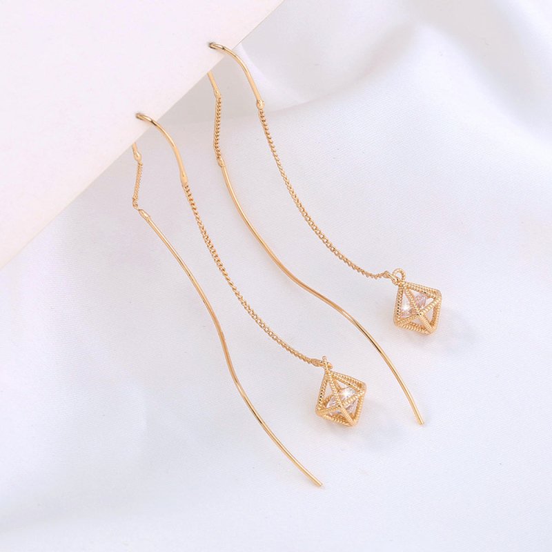 Gold Bronze Cutout Zircon Tassel Earrings-Jewearrings