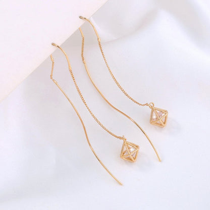 Gold Bronze Cutout Zircon Tassel Earrings-Jewearrings