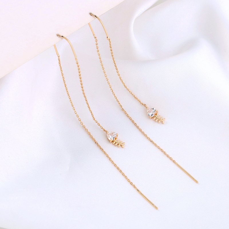 Gold Bronze Fishbone Micro Inlaid Zircon Long Tassel Earrings-Jewearrings