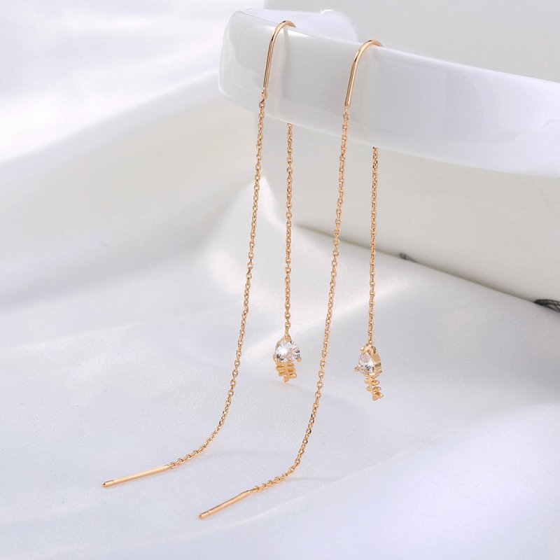 Gold Bronze Fishbone Micro Inlaid Zircon Long Tassel Earrings-Jewearrings