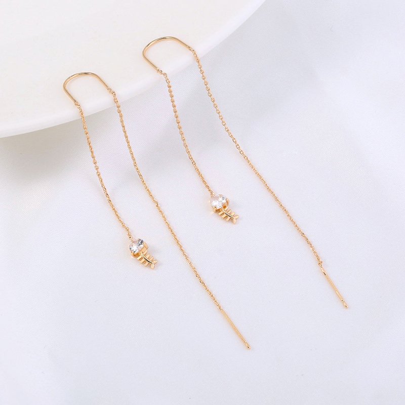 Gold Bronze Fishbone Micro Inlaid Zircon Long Tassel Earrings-Jewearrings