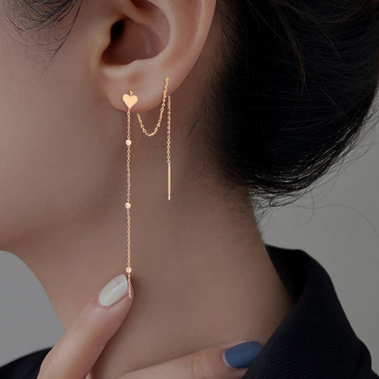 Gold Bronze Heart Long Tassel Drop Earrings-Jewearrings