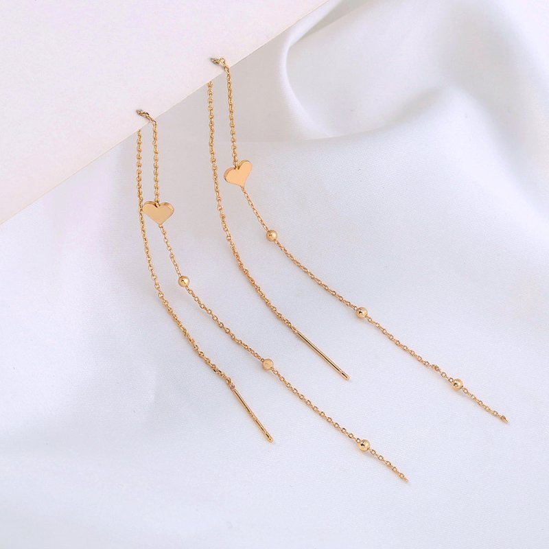 Gold Bronze Heart Long Tassel Drop Earrings-Jewearrings