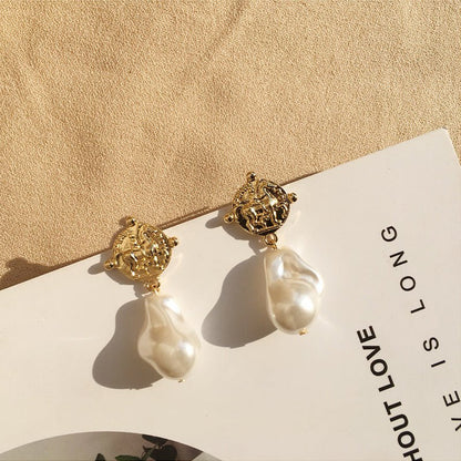 Gold Coin Pearl Earrings-Jewearrings