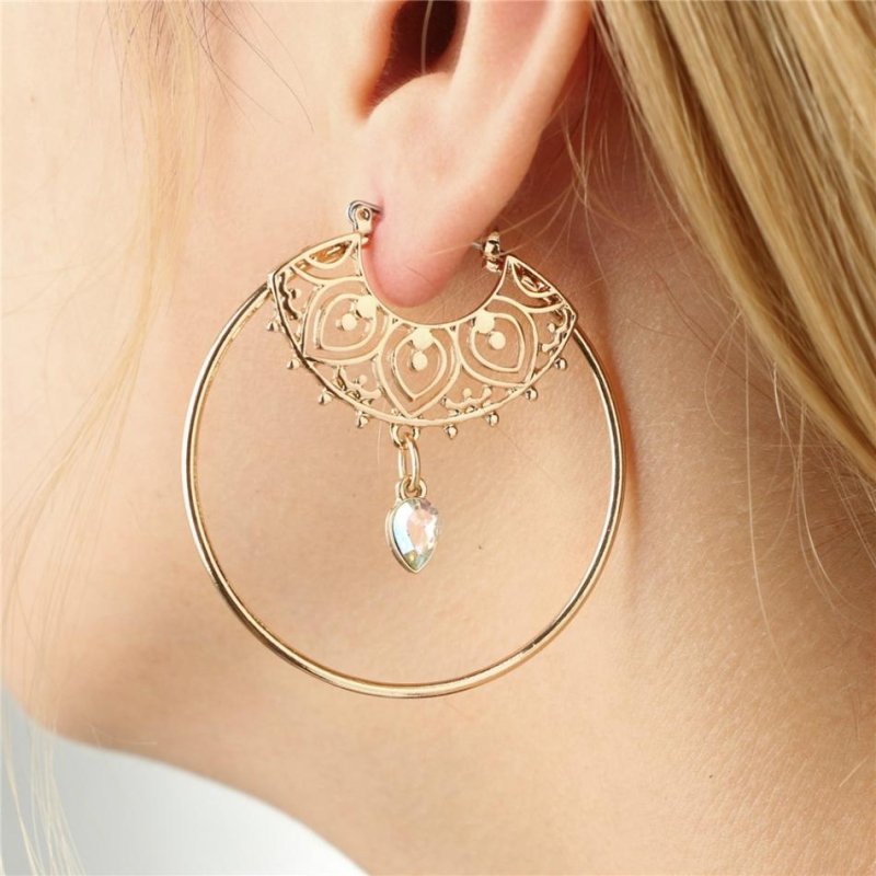 Gold Color Big Circle Round Hoop Earrings For Women Fashion Water Drop Crystal Geometric Hoops aros Statement Earrings-Jewearrings