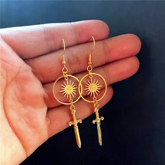 Gold Dagger Circle Sun Bohemian Earrings-Jewearrings