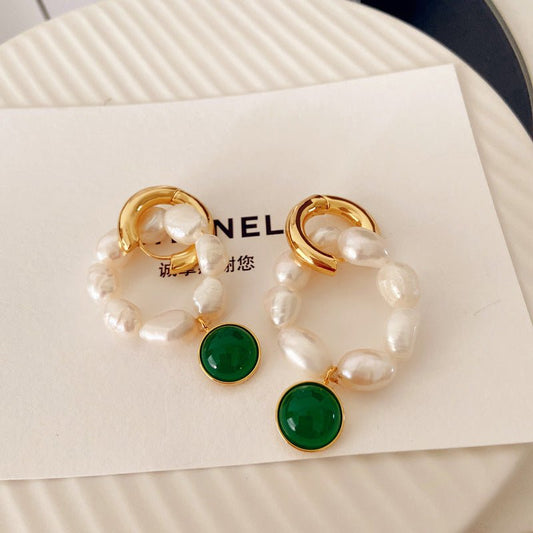 Gold Earrings Temperament Retro Glass Green-Jewearrings