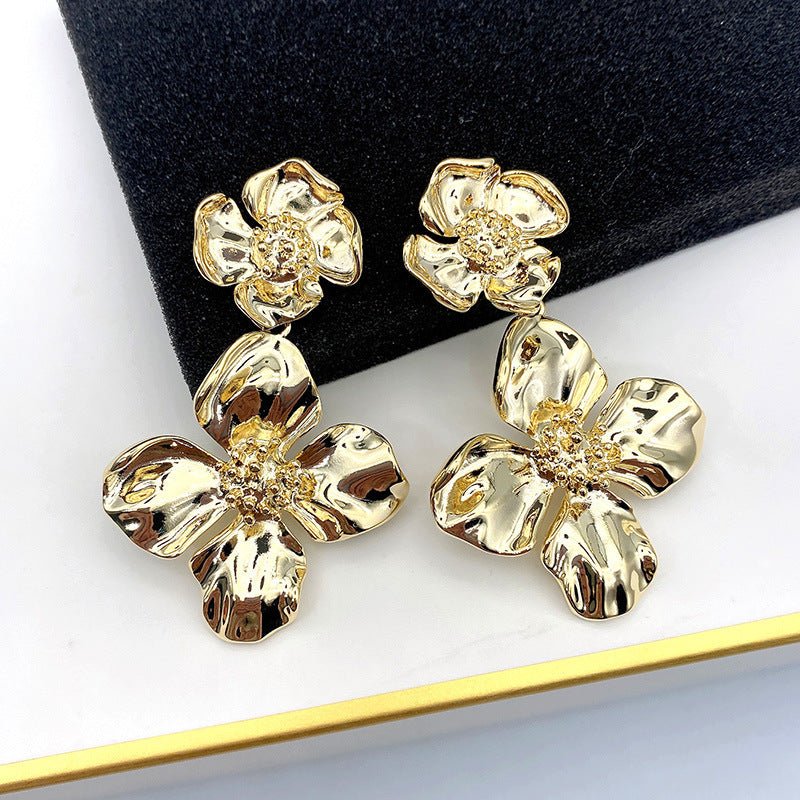 Gold Electroplating Flower Silver Needle Women's Net Red Earrings-Jewearrings