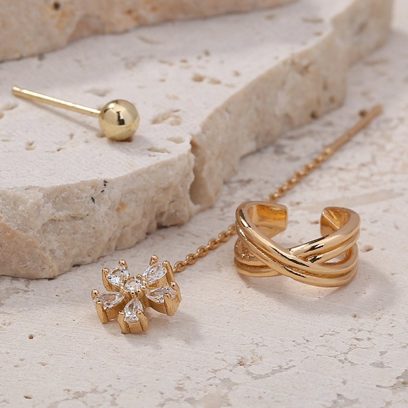 Gold Fashion Personality Small Irregular Flower Pin Three-piece Set Of Copper Micro-inlaid Zircon Earrings-Jewearrings