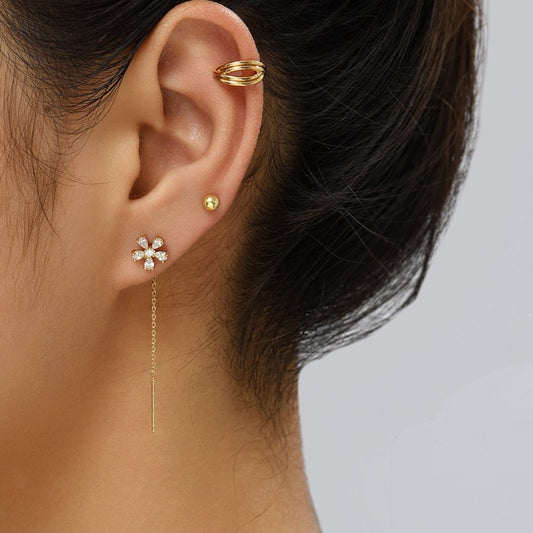 Gold Fashion Personality Small Irregular Flower Pin Three-piece Set Of Copper Micro-inlaid Zircon Earrings-Jewearrings