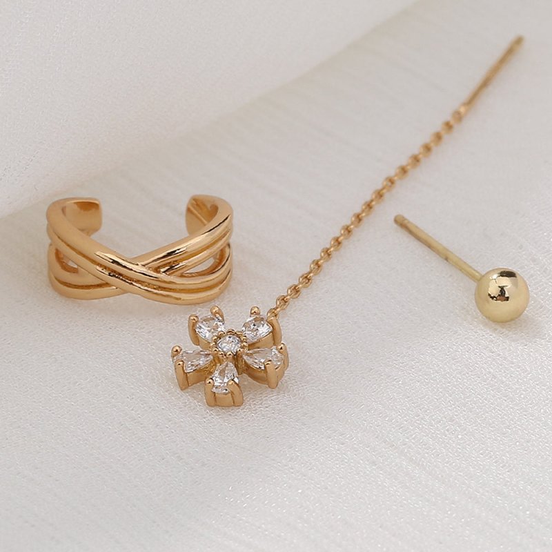 Gold Fashion Personality Small Irregular Flower Pin Three-piece Set Of Copper Micro-inlaid Zircon Earrings-Jewearrings