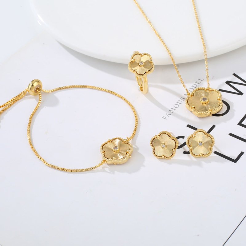 Gold Flower Bracelet Ring Earrings Bracelet Women's Jewelry Set-Jewearrings