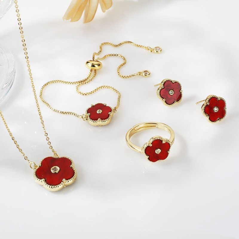 Gold Flower Bracelet Ring Earrings Bracelet Women's Suit-Jewearrings