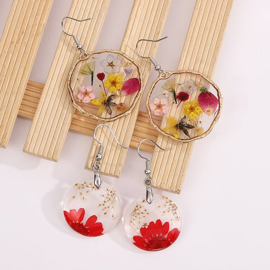 Gold Flower Drop Glue Dried Flower Earrings-Jewearrings