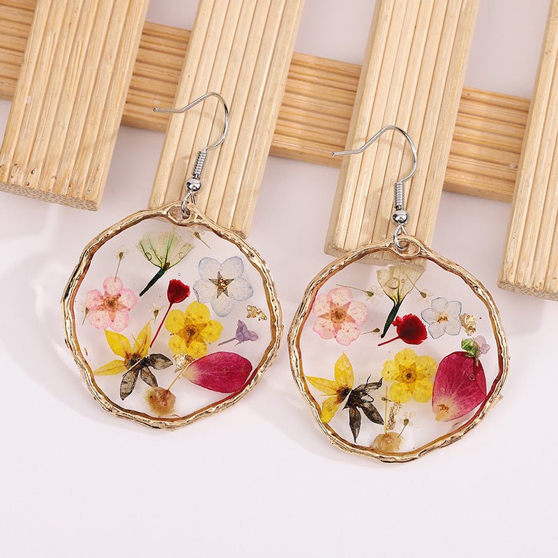 Gold Flower Drop Glue Dried Flower Earrings-Jewearrings