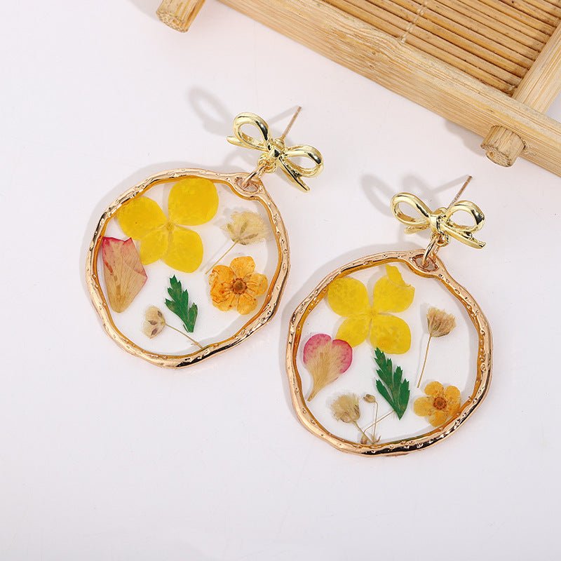 Gold Flower Earrings Dried Glue Flower-Jewearrings