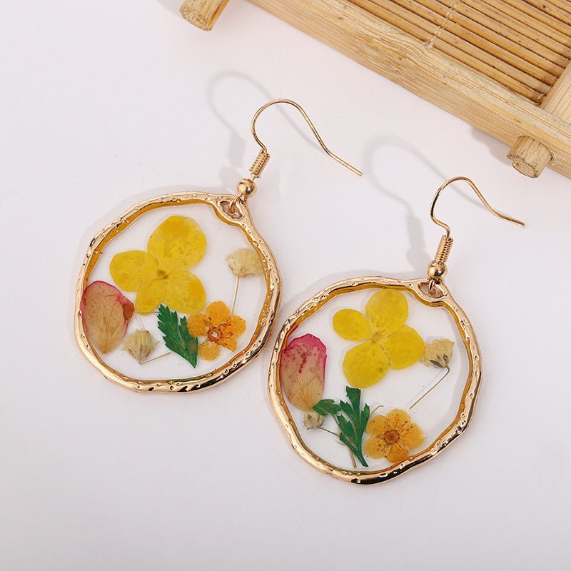 Gold Flower Earrings Dried Glue Flower-Jewearrings