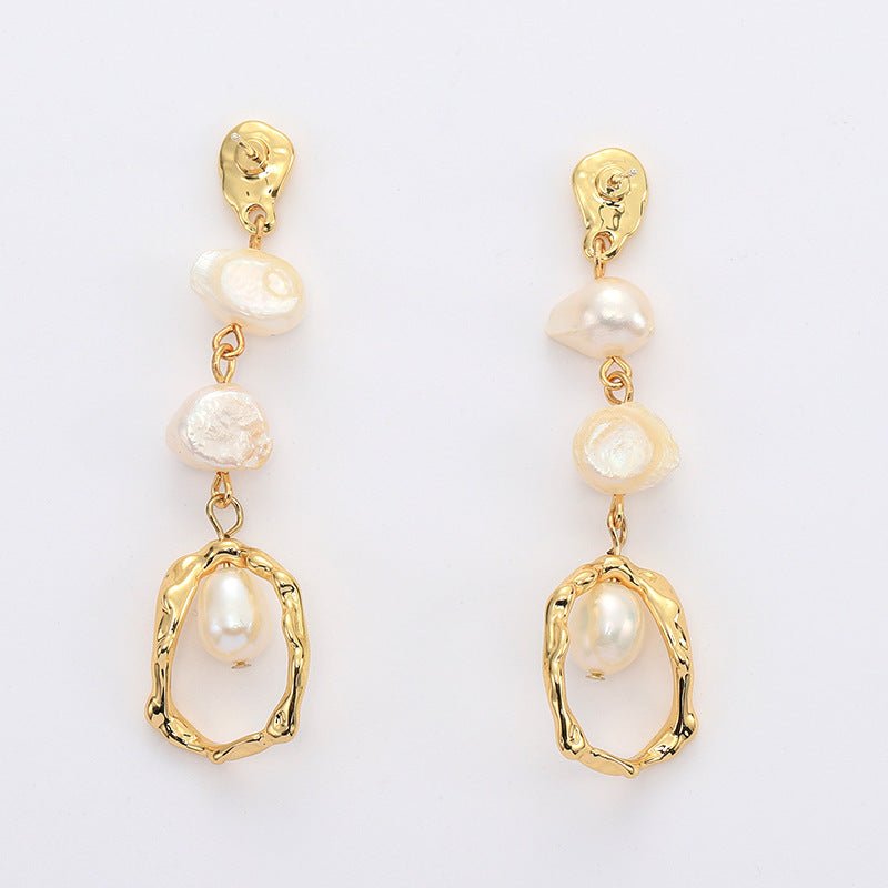 Gold Geometric Long Freshwater Pearl Earrings-Jewearrings