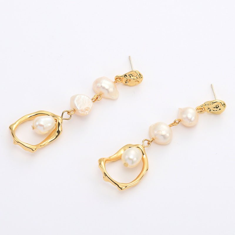 Gold Geometric Long Freshwater Pearl Earrings-Jewearrings