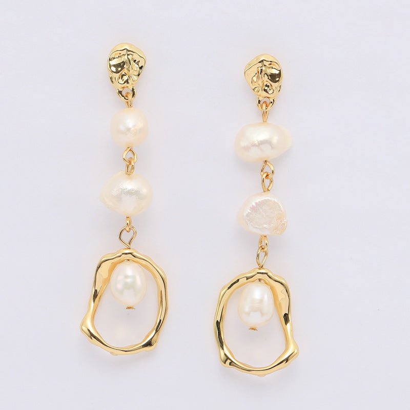 Gold Geometric Long Freshwater Pearl Earrings-Jewearrings