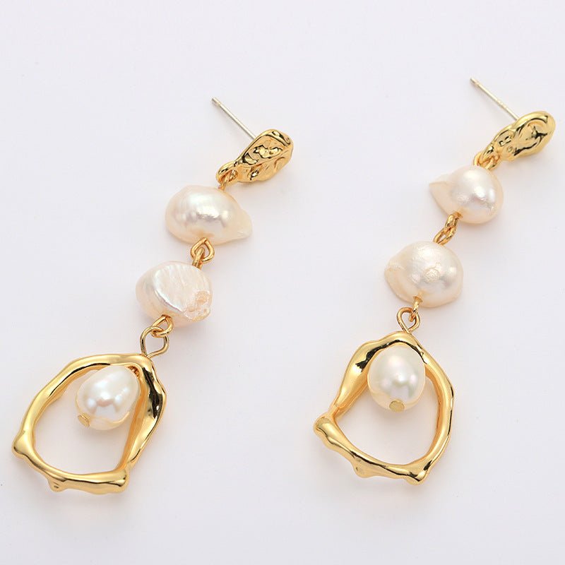 Gold Geometric Long Freshwater Pearl Earrings-Jewearrings