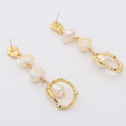 Gold Geometric Long Freshwater Pearl Earrings-Jewearrings