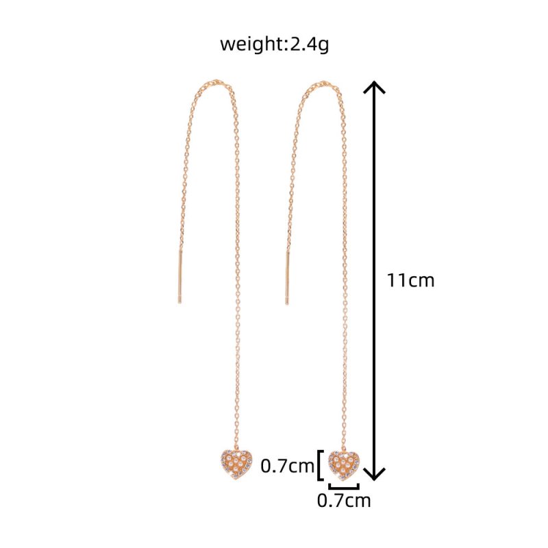 Gold Heart Cutout And Diamond Long Tassel Earrings-Jewearrings