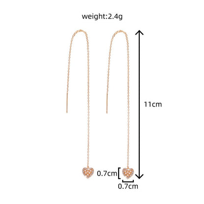 Gold Heart Cutout And Diamond Long Tassel Earrings-Jewearrings