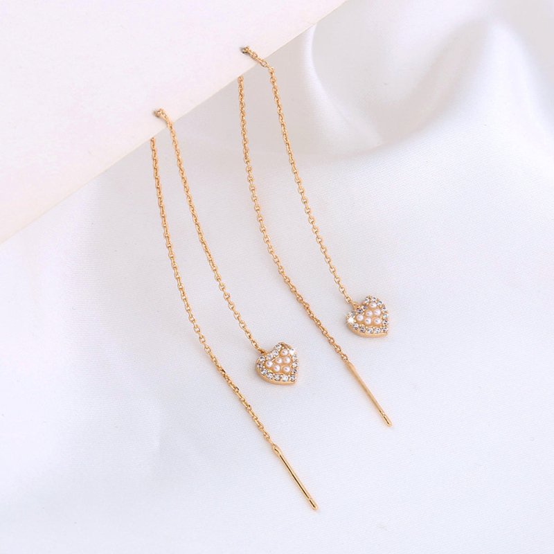 Gold Heart Cutout And Diamond Long Tassel Earrings-Jewearrings