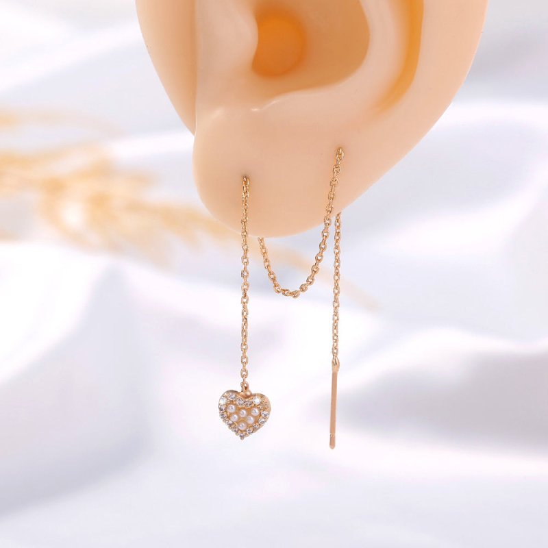 Gold Heart Cutout And Diamond Long Tassel Earrings-Jewearrings