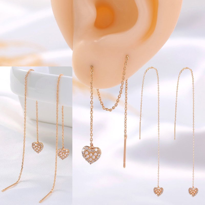 Gold Heart Cutout And Diamond Long Tassel Earrings-Jewearrings