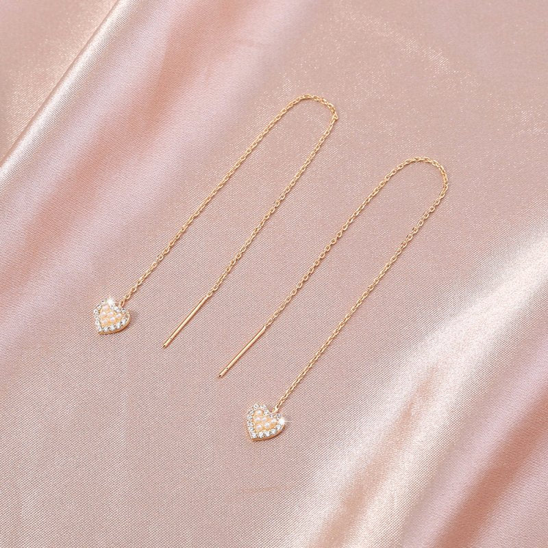 Gold Heart Cutout And Diamond Long Tassel Earrings-Jewearrings