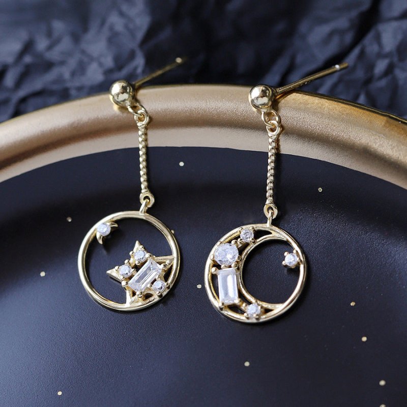 Gold hollow zircon star moon earrings women-Jewearrings